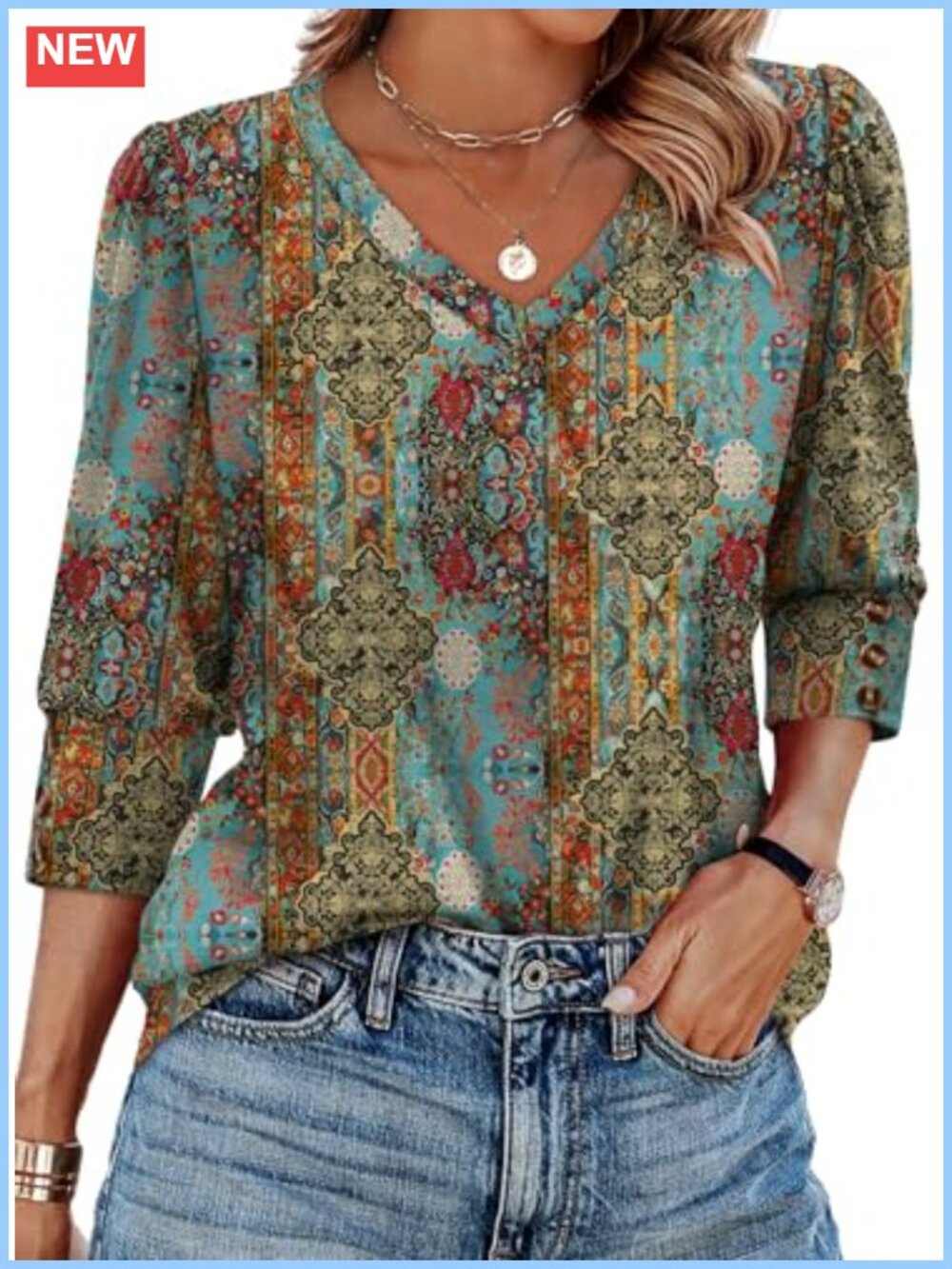3/4 Sleeve V Neck Tunic Blouse with Buttons Casual Work Top